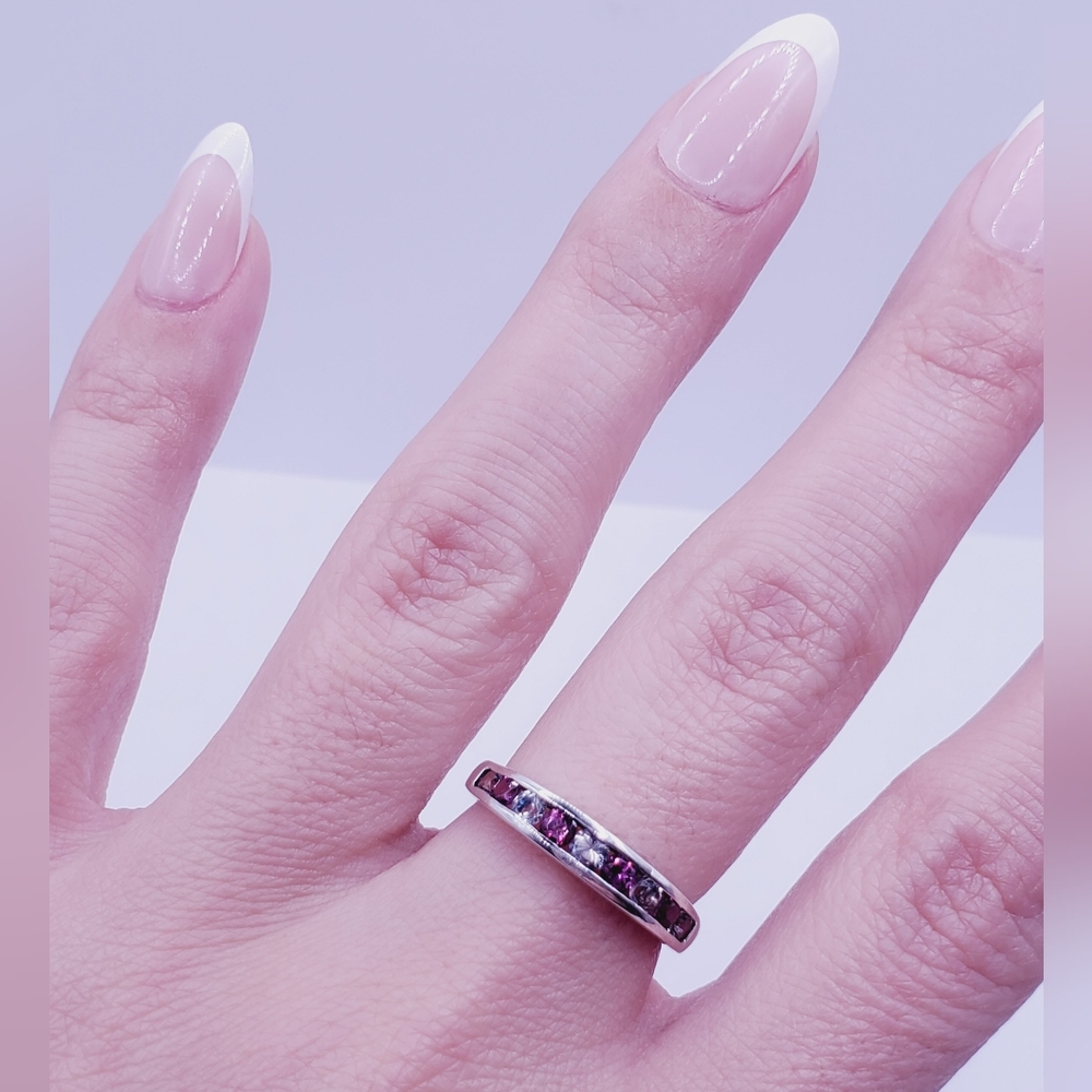 Pink & White Topaz Simulants 925 Sterling Silver Stackable Band Ring - Picture 3 of 7